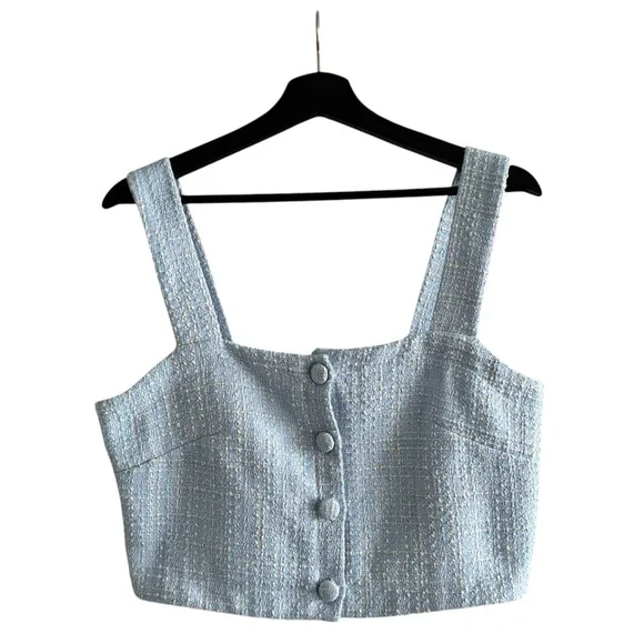 Jason Wu Tweed Top Light Blue Cropped Sleeveless Button Front Size 10 - Picture 1 of 10